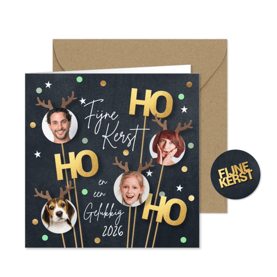 Grappige foto kerstkaart met vrolijke hertjes - Kaartimpressie