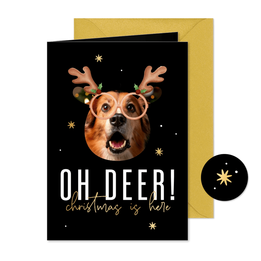 Grappige foto kerstkaart Oh deer! met gouden sterren - Kaartimpressie