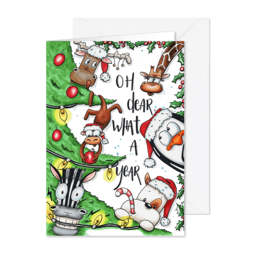 Grappige geïllustreerde kerstkaart oh dear, what a year - Kaartimpressie