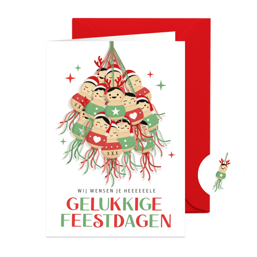 Grappige geluks kerstkaart met een tros gelukspoppetjes - Kaartimpressie