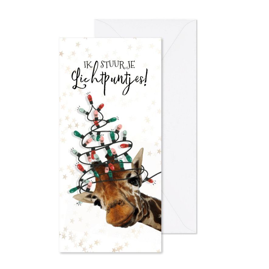 Grappige giraf met kerstboom van lichtpuntjes kerstkaart - Kaartimpressie