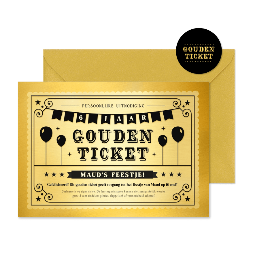 Grappige gouden ticket uitnodiging voor een kinderfeestje - Kaartimpressie