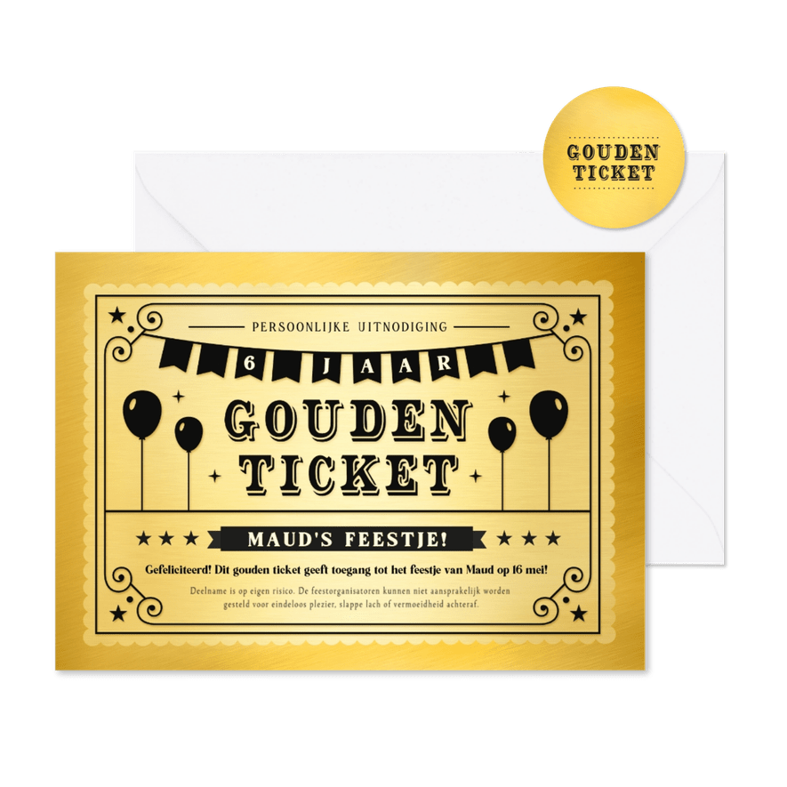 Grappige gouden ticket uitnodiging voor een kinderfeestje - Kaartimpressie