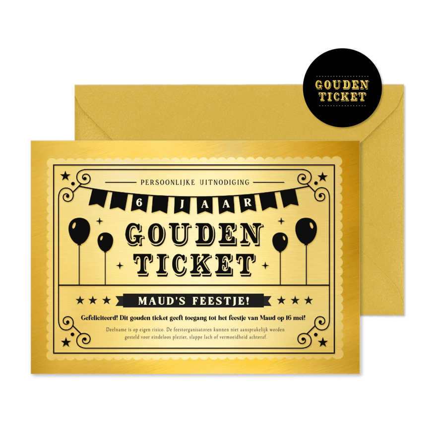Grappige gouden ticket uitnodiging voor een kinderfeestje - Kaartimpressie