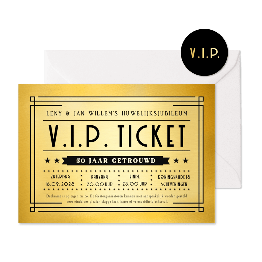 Grappige gouden V.I.P. ticket uitnodiging huwelijksjubileum - Kaartimpressie