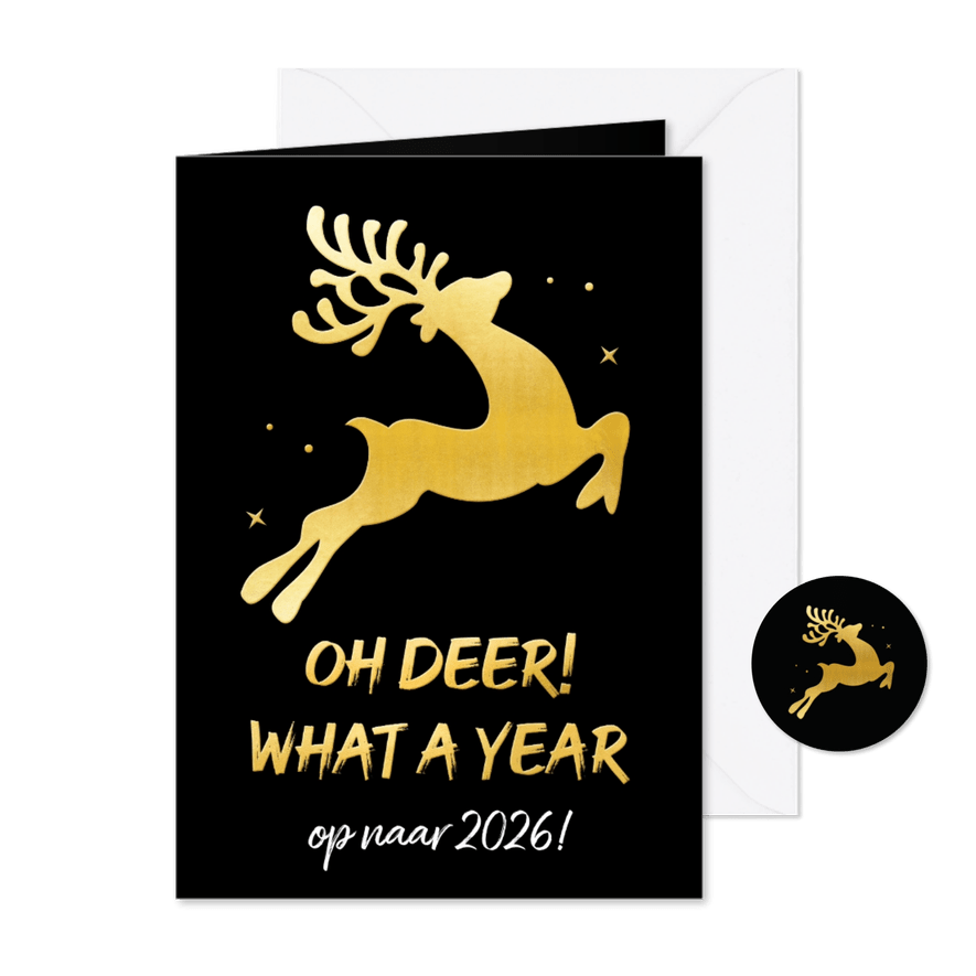 Grappige goudlook kerstkaart oh deer what a year - Kaartimpressie