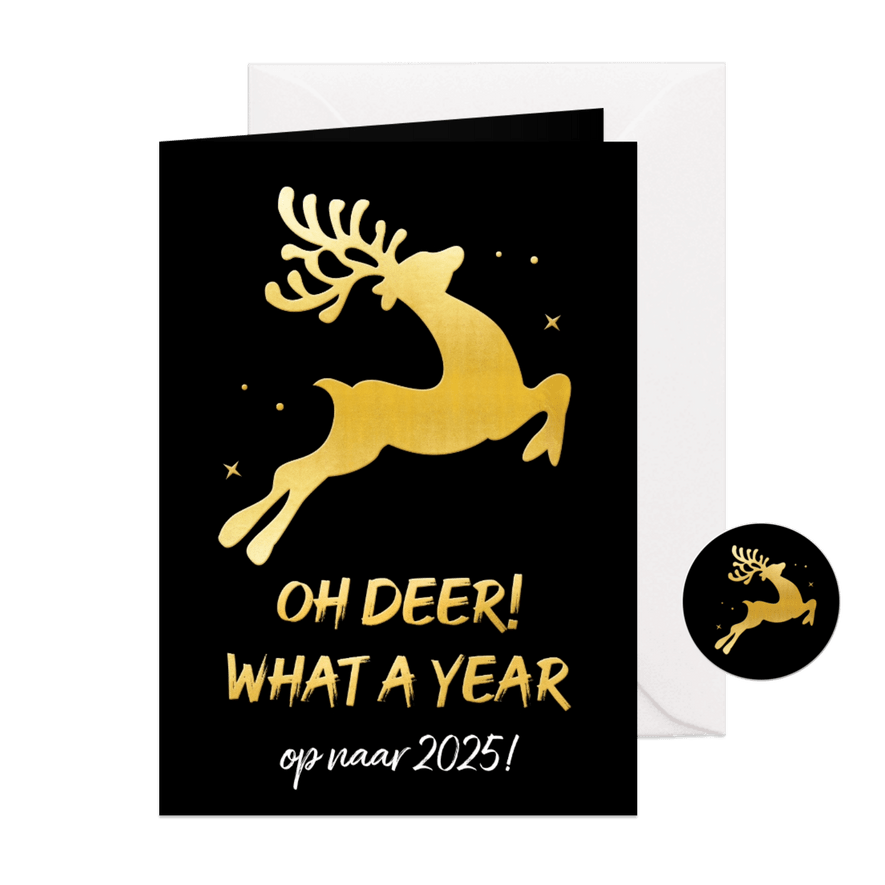 Grappige goudlook kerstkaart oh deer what a year  - Kaartimpressie