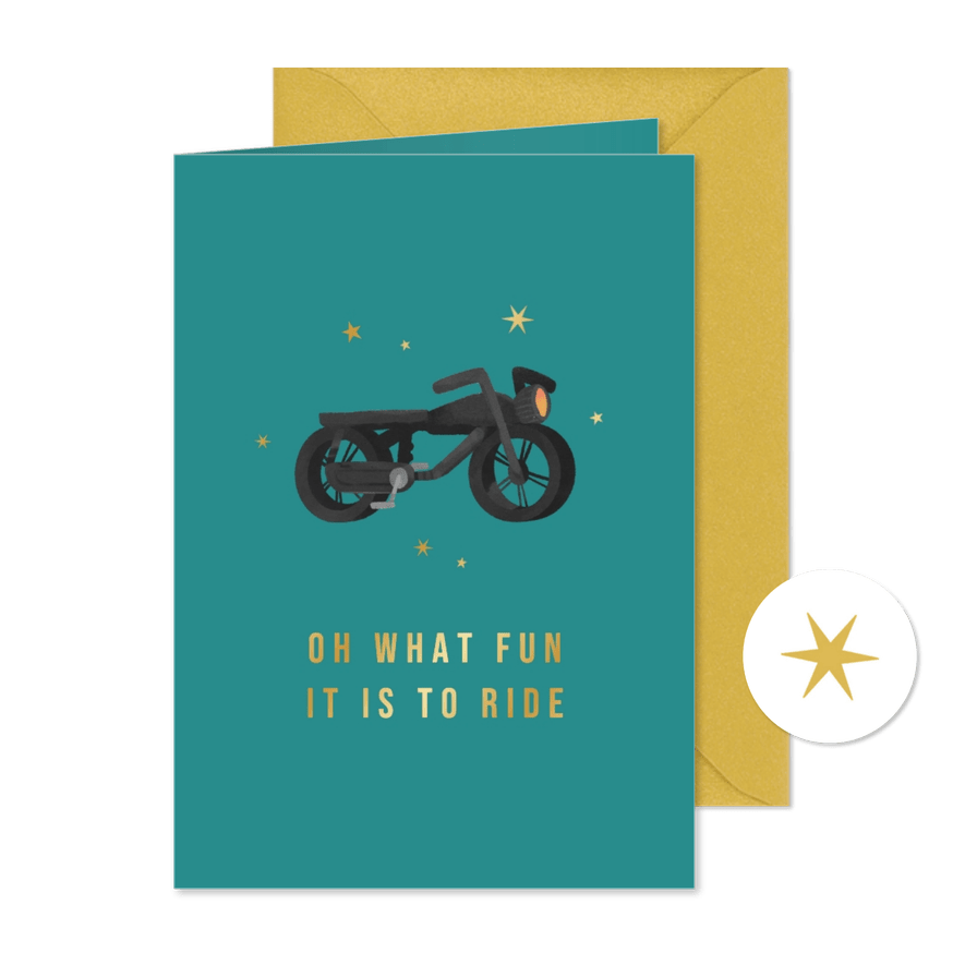 Grappige hippe kerstkaart fatbike humor sterren goud - Kaartimpressie