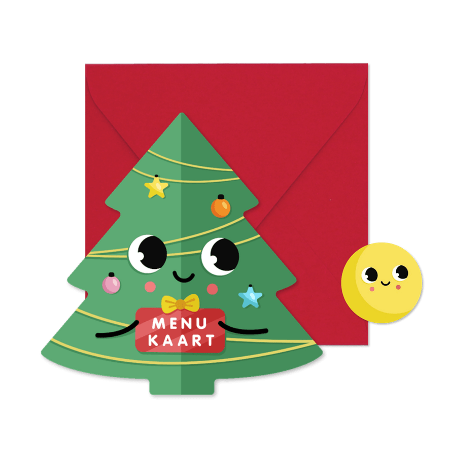 Grappige hippe menukaart kerstboom met ogen - Kaartimpressie