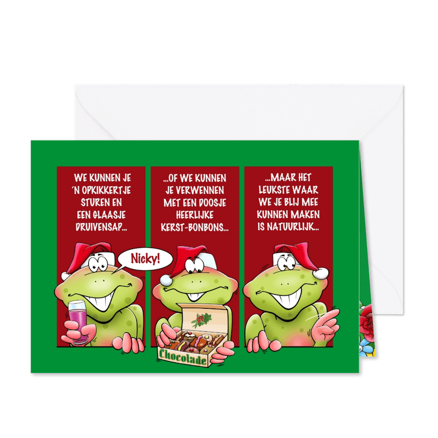 Grappige kaart met kikkers, die je fijne kerstdagen wensen - Kaartimpressie
