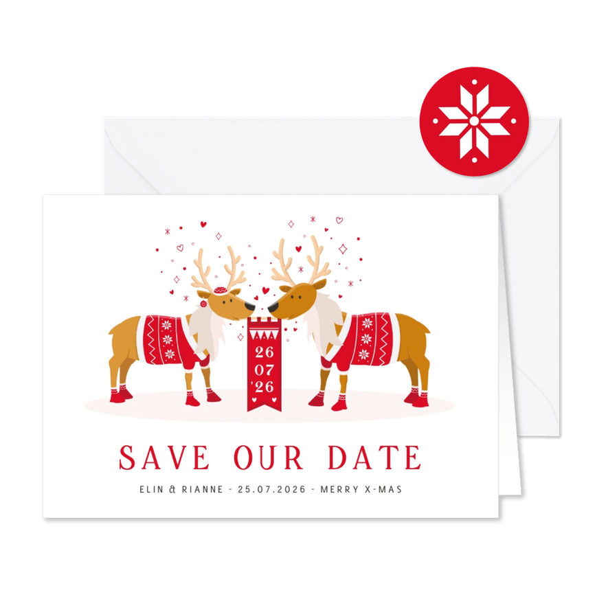 Grappige kerst Save the Date kaart met rendieren illustratie - Kaartimpressie