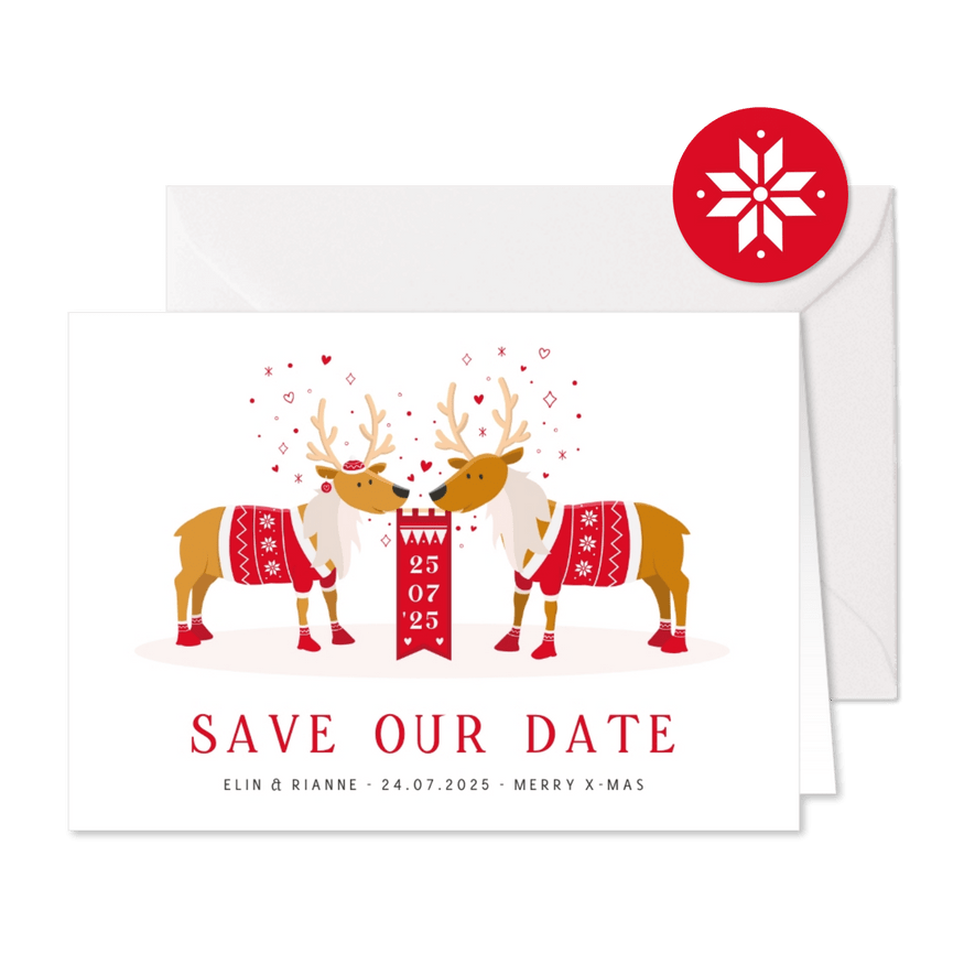 Grappige kerst Save the Date kaart met rendieren illustratie - Kaartimpressie