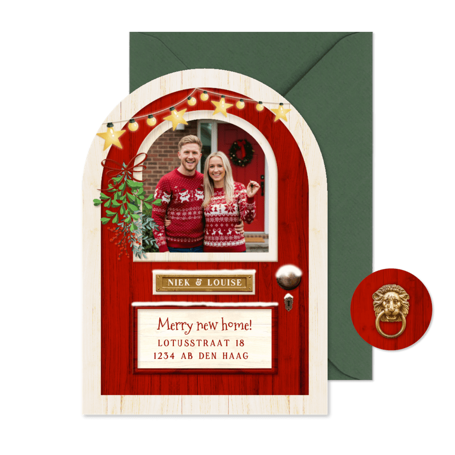 Grappige kerst verhuiskaart met rode deur in boogvorm - Kaartimpressie