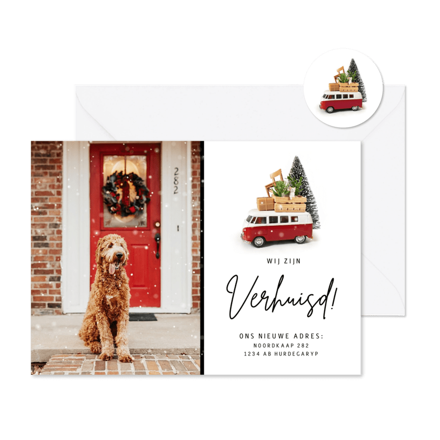 Grappige kerst verhuiskaart met Volkswagen busje en foto - Kaartimpressie