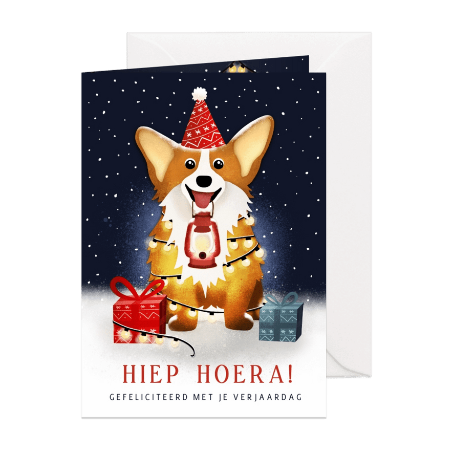 Grappige kerst verjaardagskaart met Corgi hond in de sneeuw - Kaartimpressie