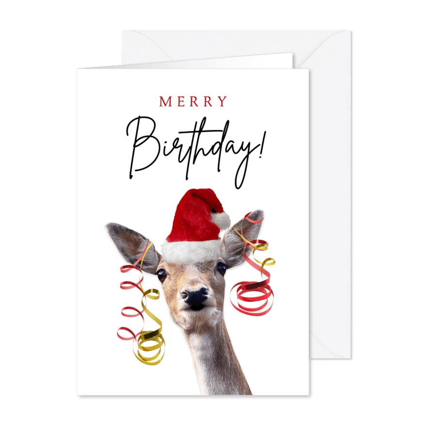 Grappige kerst verjaardagskaart met hert met kerstmuts - Kaartimpressie