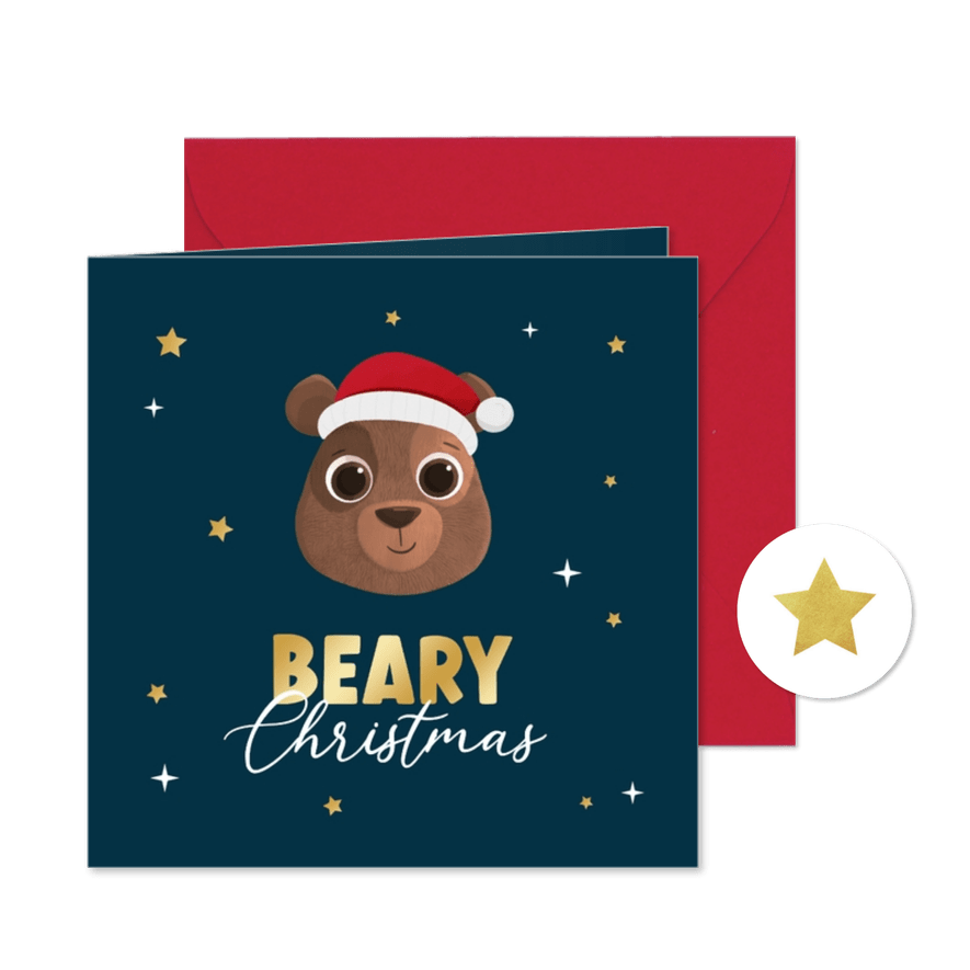 Grappige kerstkaart beary christmas beer dieren kerstmuts - Kaartimpressie