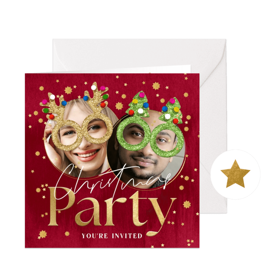 Grappige kerstkaart Christmas Party glitterbrillen ster goud - Kaartimpressie