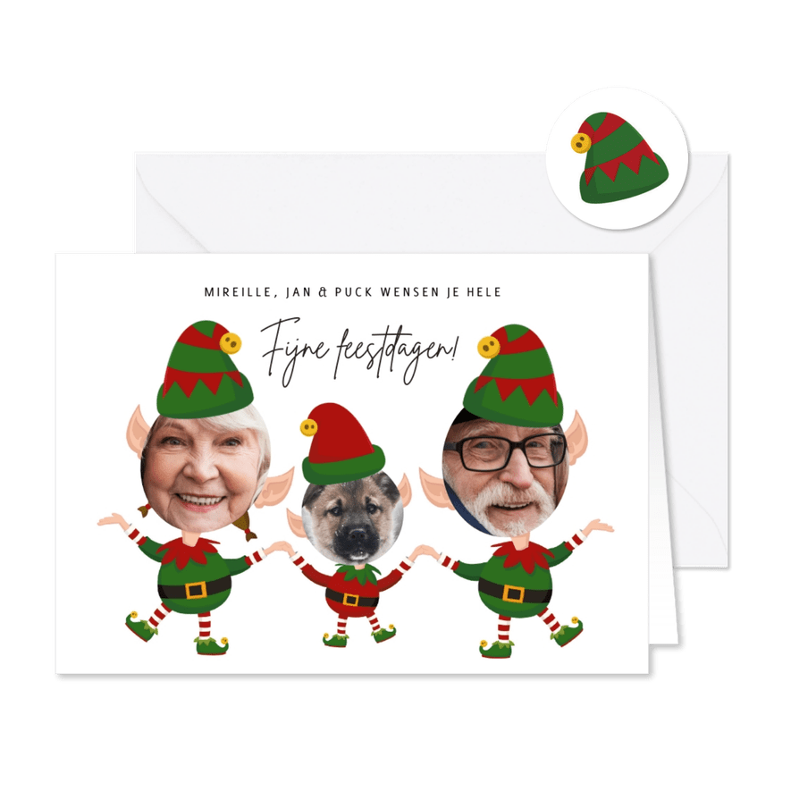 Grappige kerstkaart - foto op kerstelf - 2 personen en dier - Kaartimpressie
