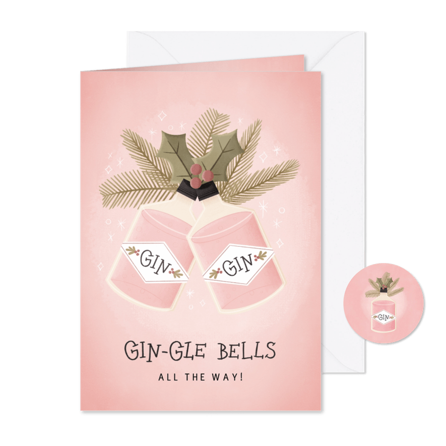 Grappige kerstkaart Gin-gle Bells met Ginflessen en takjes - Kaartimpressie