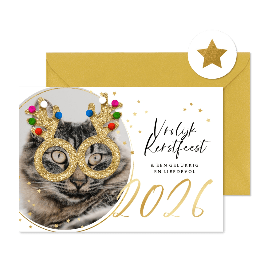 Grappige kerstkaart glitterbril kat sterren jaartal goud - Kaartimpressie