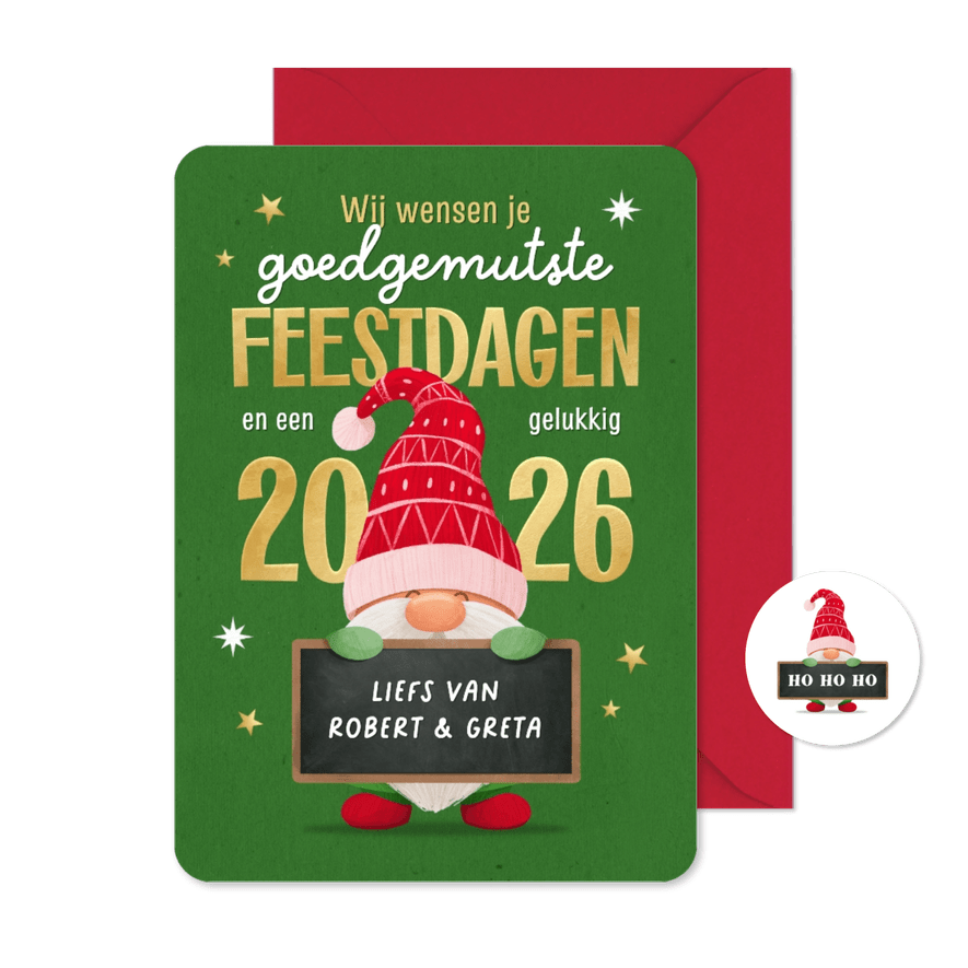 Grappige kerstkaart goedgemutste kabouter 2026 feestdagen - Kaartimpressie