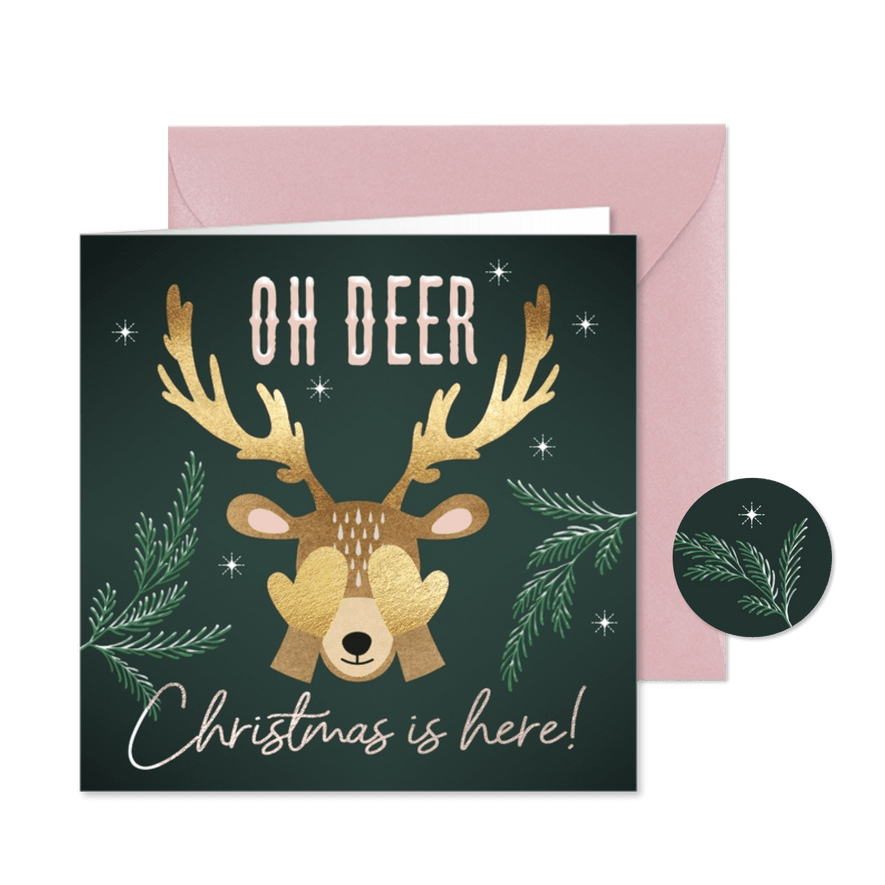 Grappige kerstkaart hert Oh Deer groen - Kaartimpressie