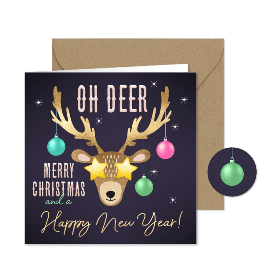 Grappige kerstkaart hert Oh Deer kerstballen sterren - Kaartimpressie