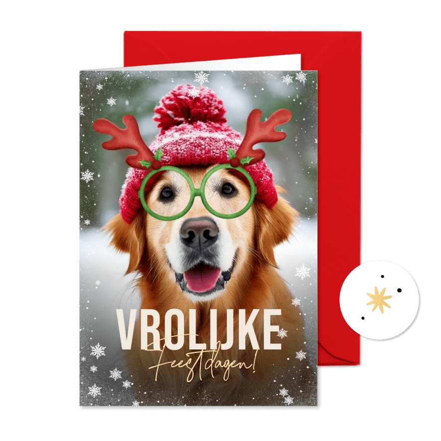 Grappige kerstkaart hond met bril en gewei - Kaartimpressie