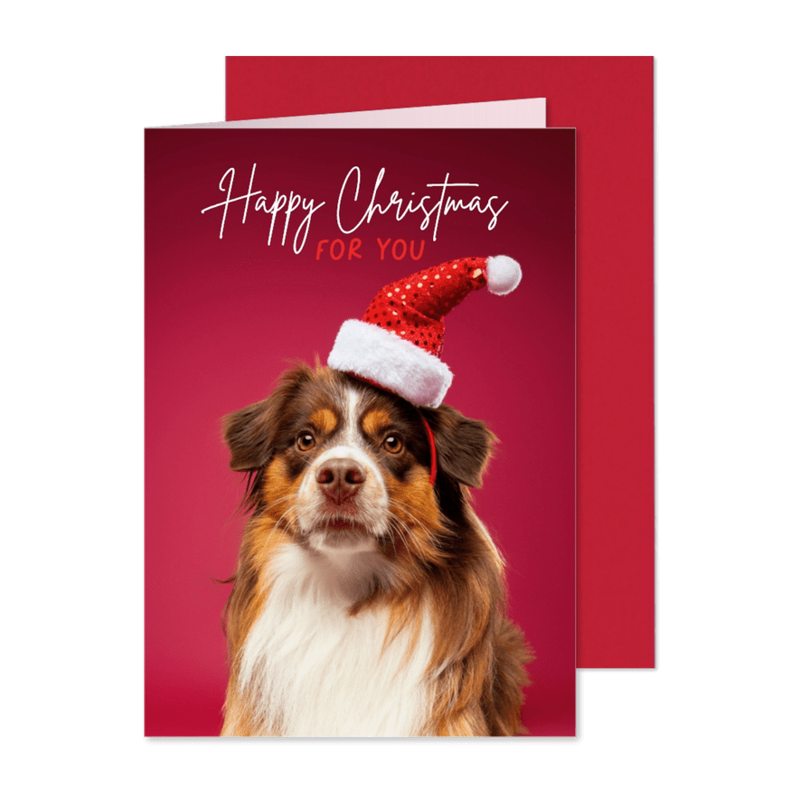 Grappige kerstkaart hond met kerstmuts - Kaartimpressie