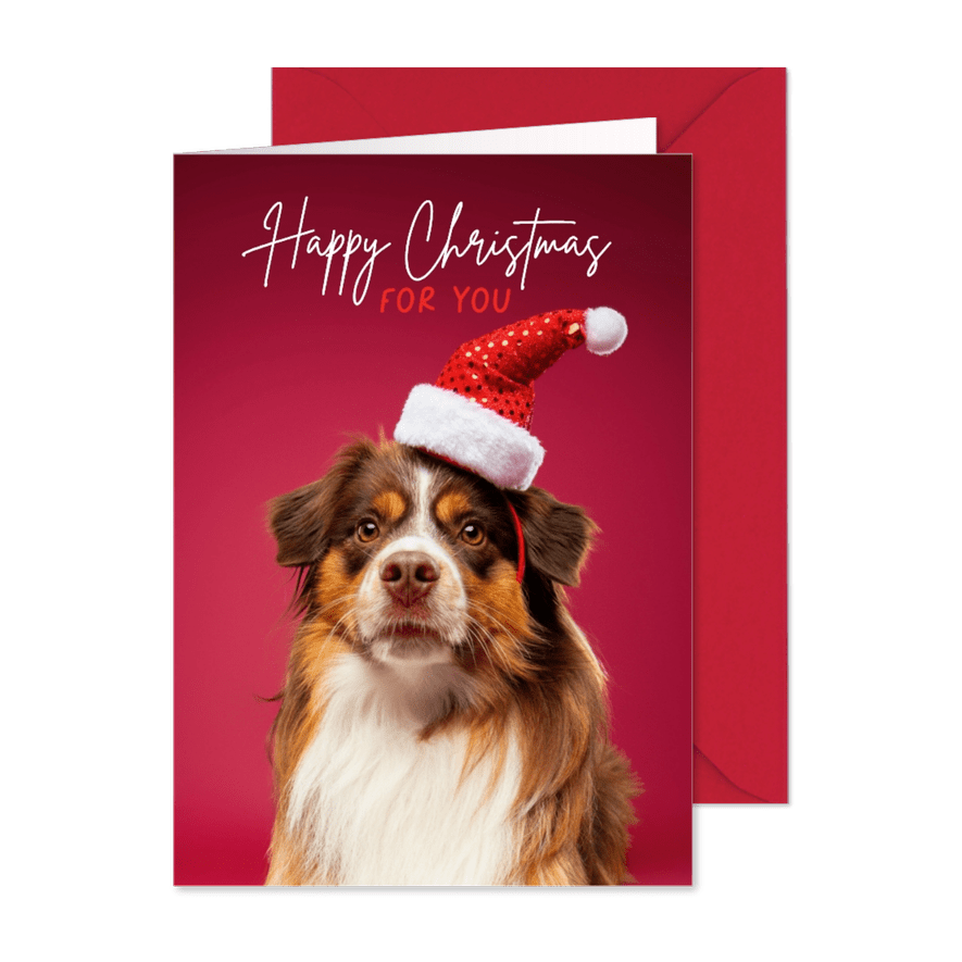 Grappige kerstkaart hond met kerstmuts - Kaartimpressie