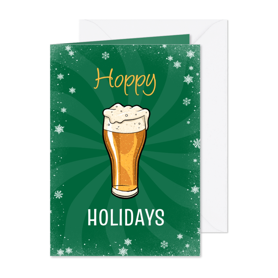 Grappige kerstkaart hoppy holidays bier sneeuwvlokken - Kaartimpressie