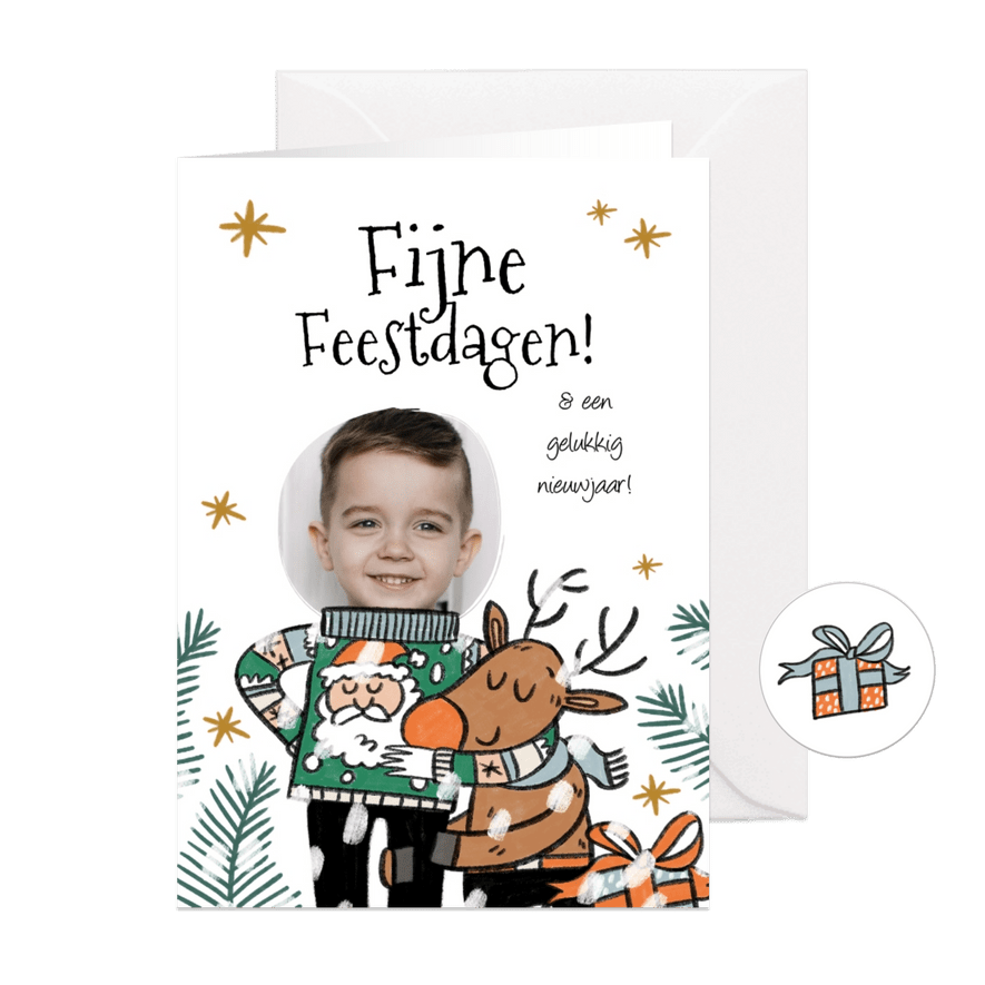 Grappige kerstkaart illustratie kersttrui rendier cadeaus - Kaartimpressie