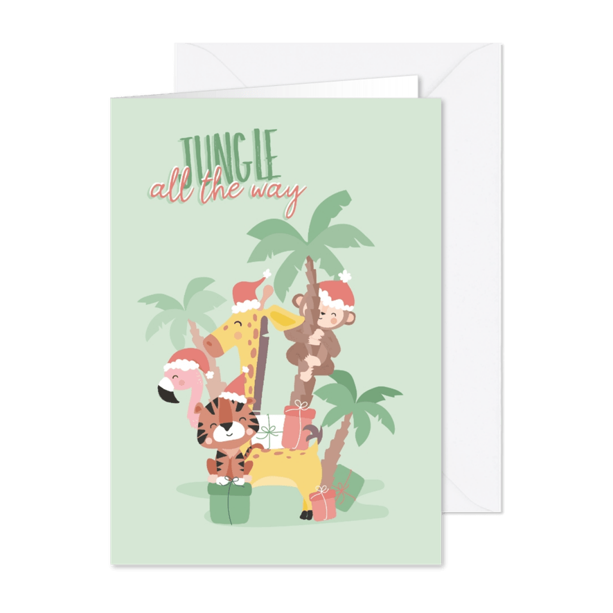 Grappige kerstkaart jungle all the way met illustratie - Kaartimpressie