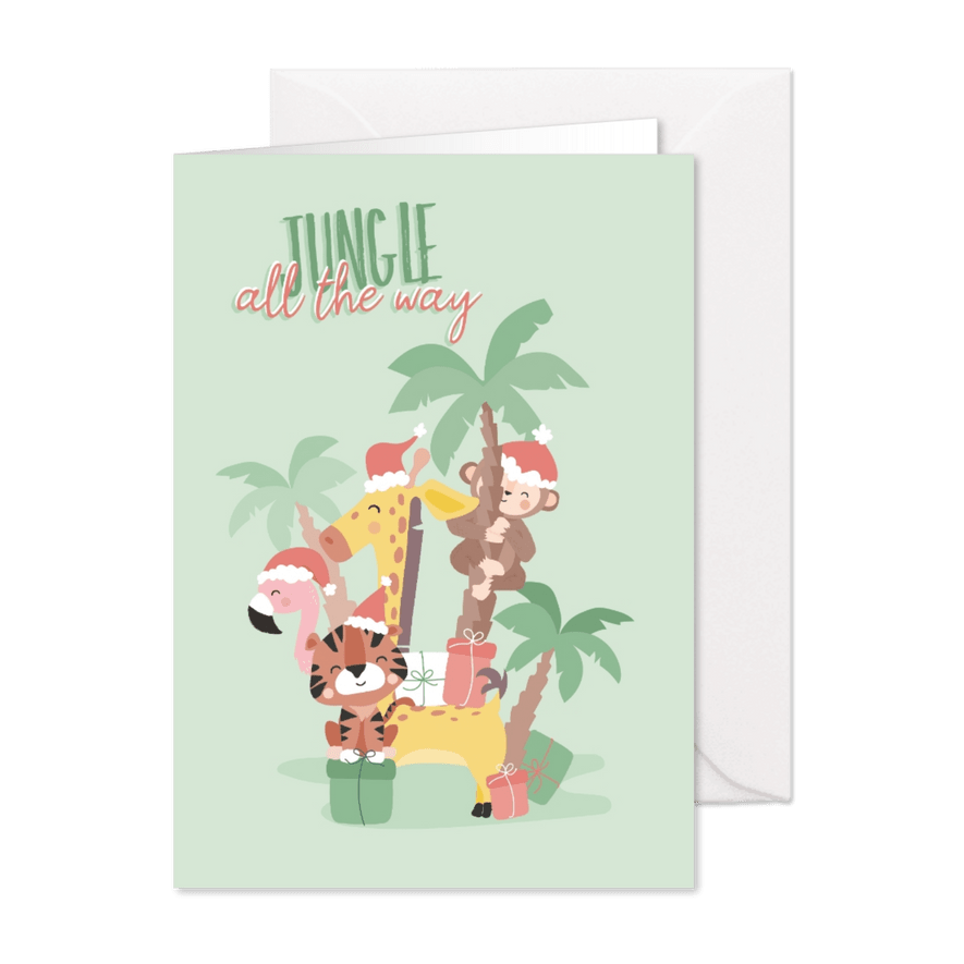 Grappige kerstkaart jungle all the way met illustratie - Kaartimpressie