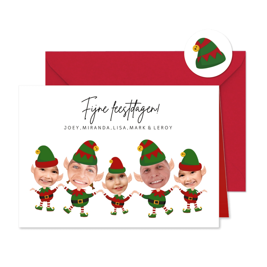 Grappige kerstkaart kerst Elfjes 5 personen met eigen foto - Kaartimpressie