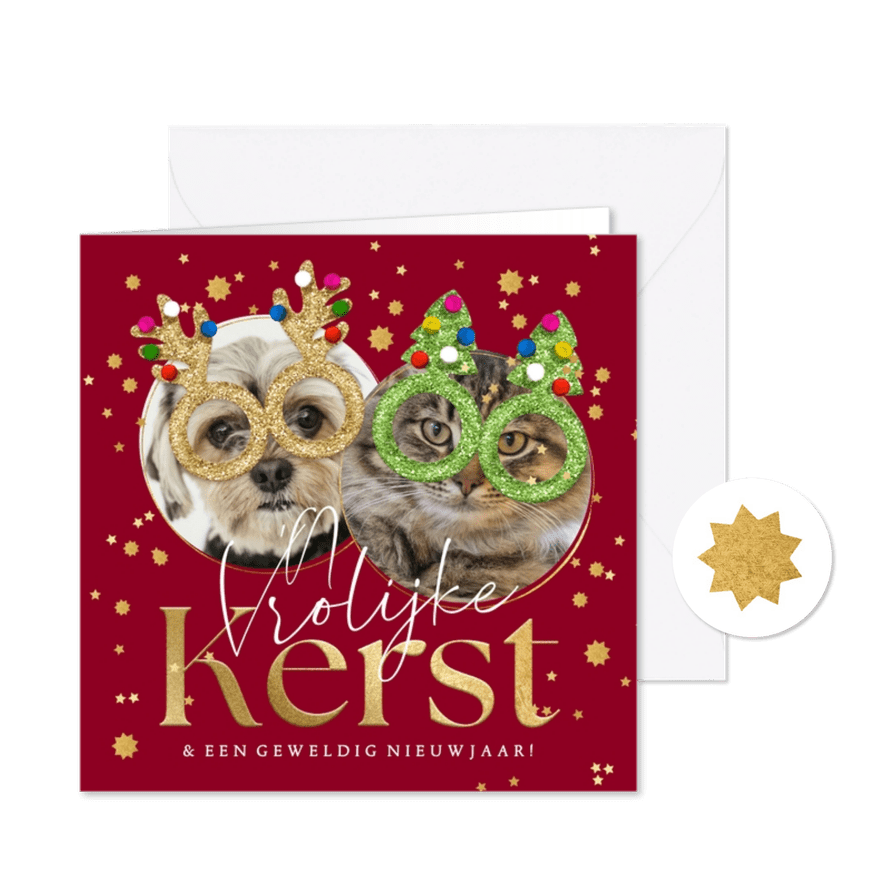 Grappige kerstkaart kerstbrillen glitter huisdier sterren - Kaartimpressie