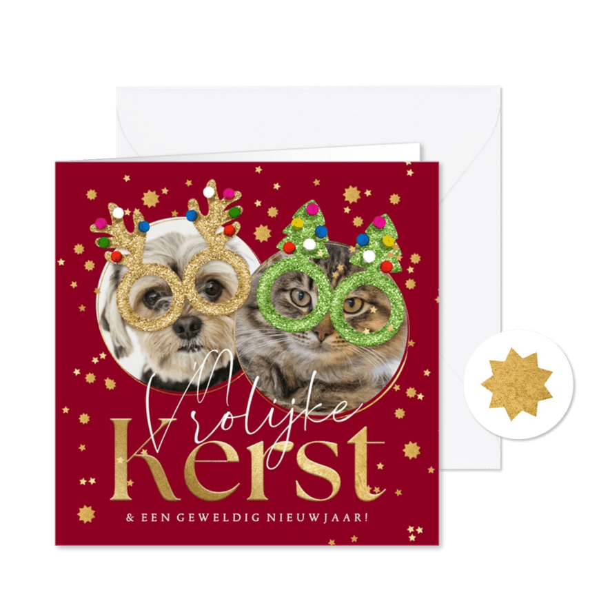 Grappige kerstkaart kerstbrillen glitter huisdier sterren - Kaartimpressie