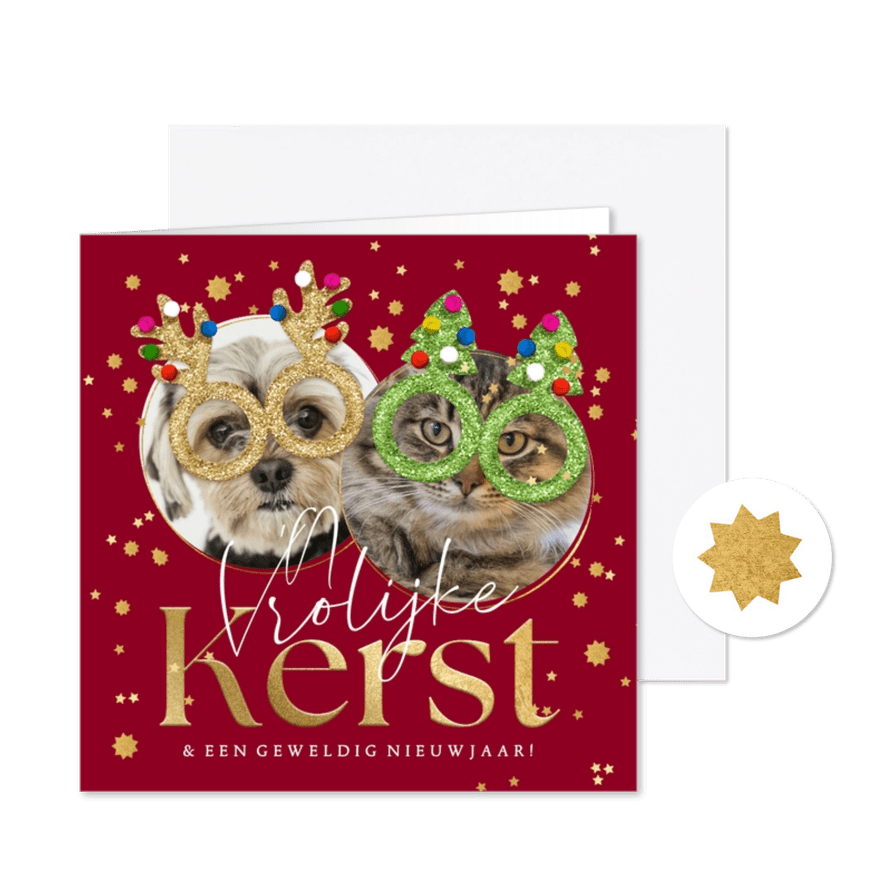 Grappige kerstkaart kerstbrillen glitter huisdier sterren - Kaartimpressie