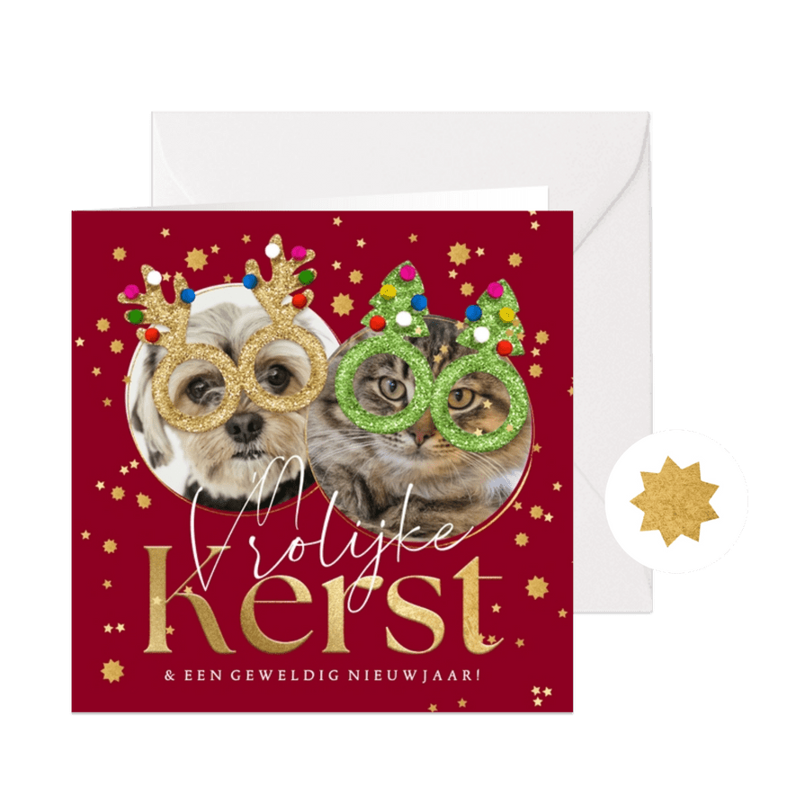 Grappige kerstkaart kerstbrillen glitter huisdier sterren - Kaartimpressie