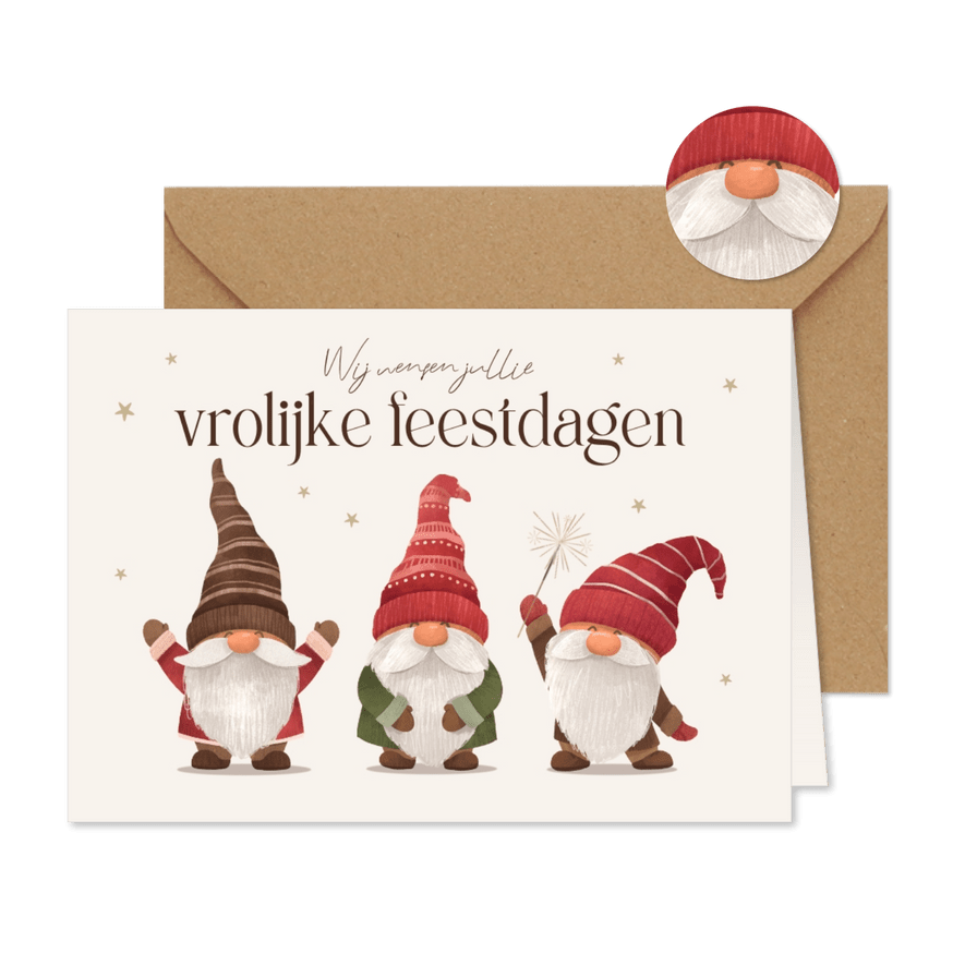 Grappige kerstkaart kerstkabouters vrolijk sterretjes - Kaartimpressie