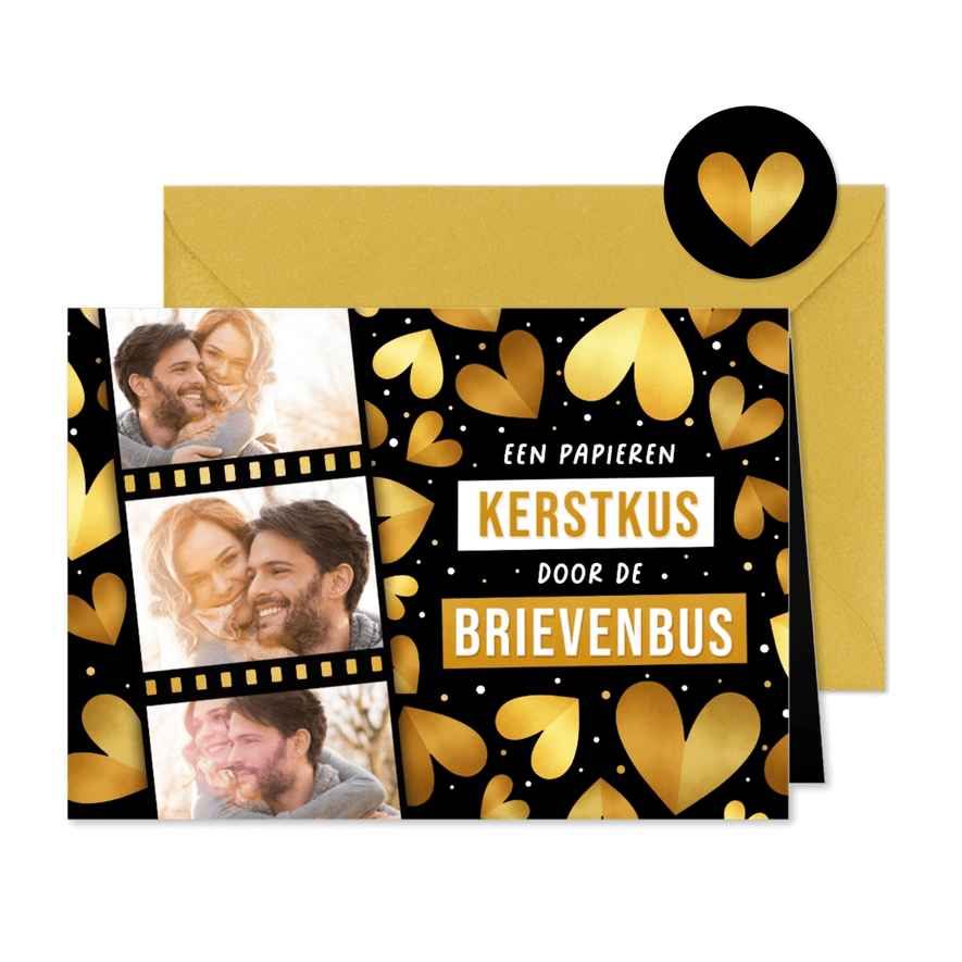 Grappige kerstkaart kerstkus door brievenbus met foto's - Kaartimpressie