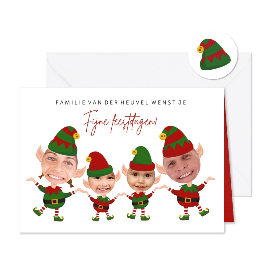 Grappige kerstkaart - maak een kerstelf van jezelf - 4 pers - Kaartimpressie