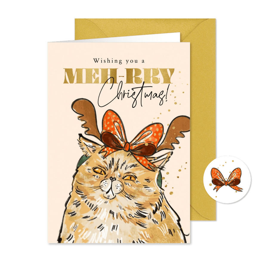 Grappige kerstkaart Meh-rry Christmas grumpy cat goud - Kaartimpressie