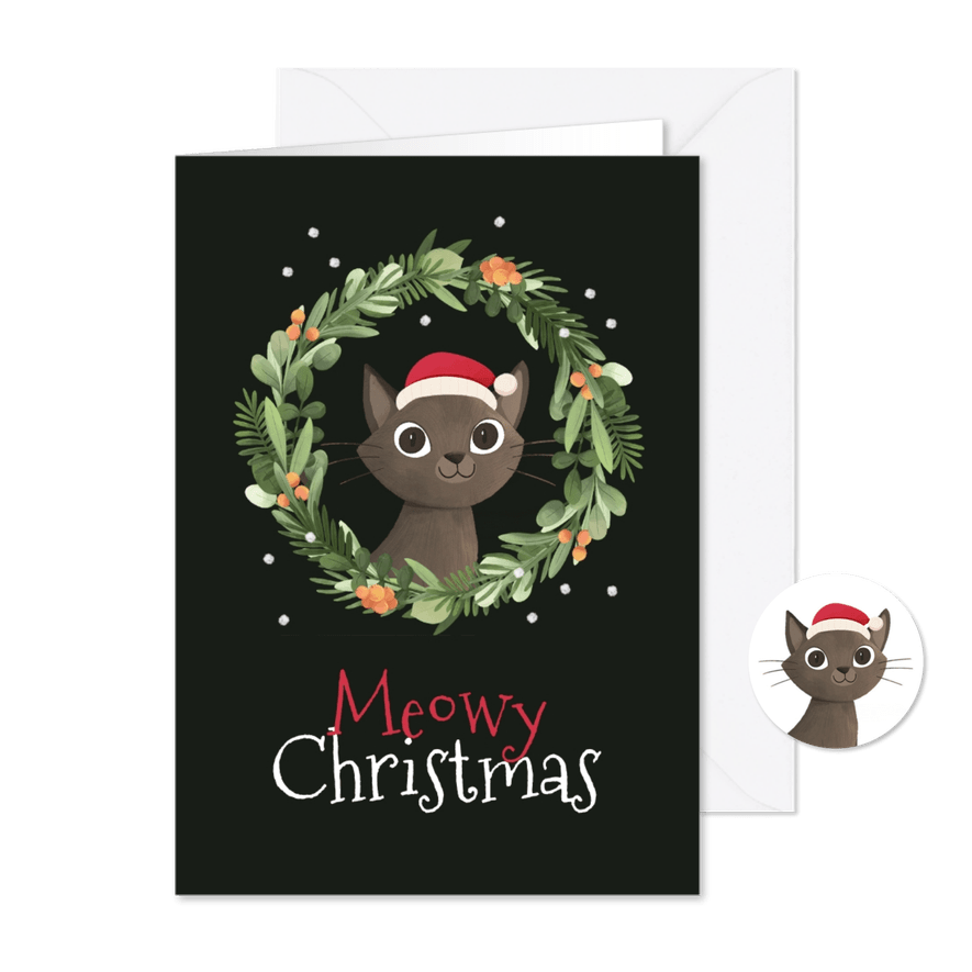 Grappige kerstkaart meowy christmas kat krans dieren - Kaartimpressie