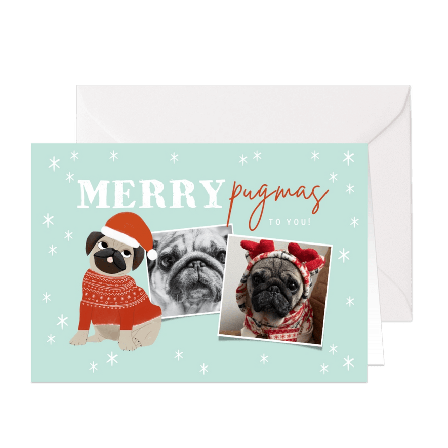 Grappige kerstkaart merry pugmas sterren en foto's op blauw - Kaartimpressie