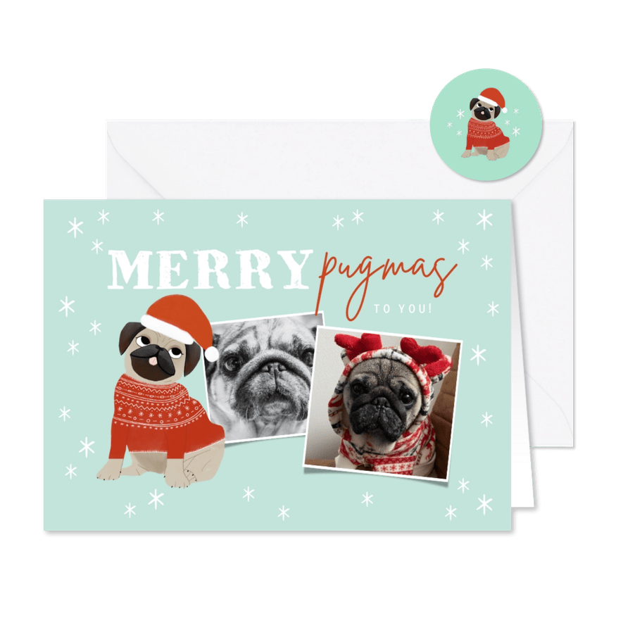 Grappige kerstkaart merry pugmas sterren en foto's op blauw - Kaartimpressie