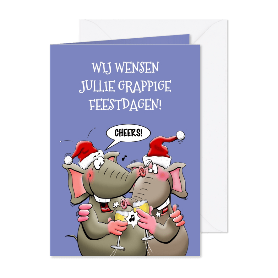 Grappige kerstkaart met 2 leuke olifanten, die proosten - Kaartimpressie