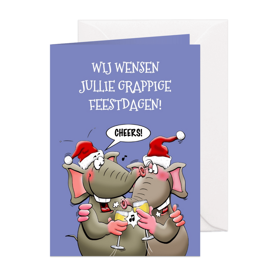 Grappige kerstkaart met 2 leuke olifanten, die proosten - Kaartimpressie