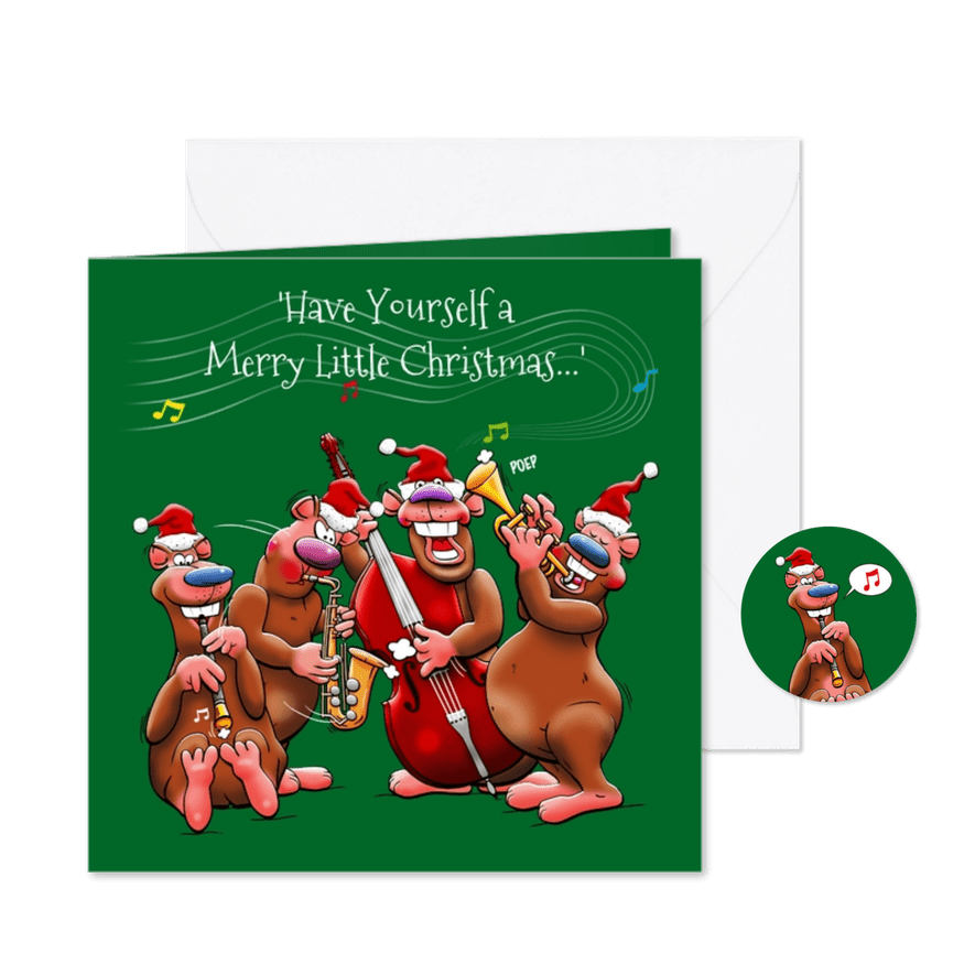 Grappige kerstkaart met 4 leuke beren en muziekinstrumenten - Kaartimpressie
